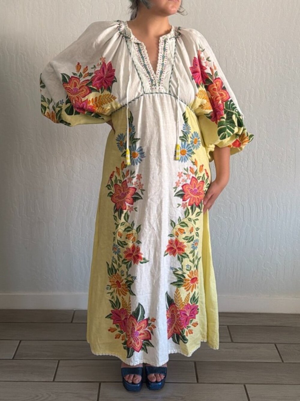 Farm Rio Yellow floral with pink, orange, and blue flowers Linen Dress